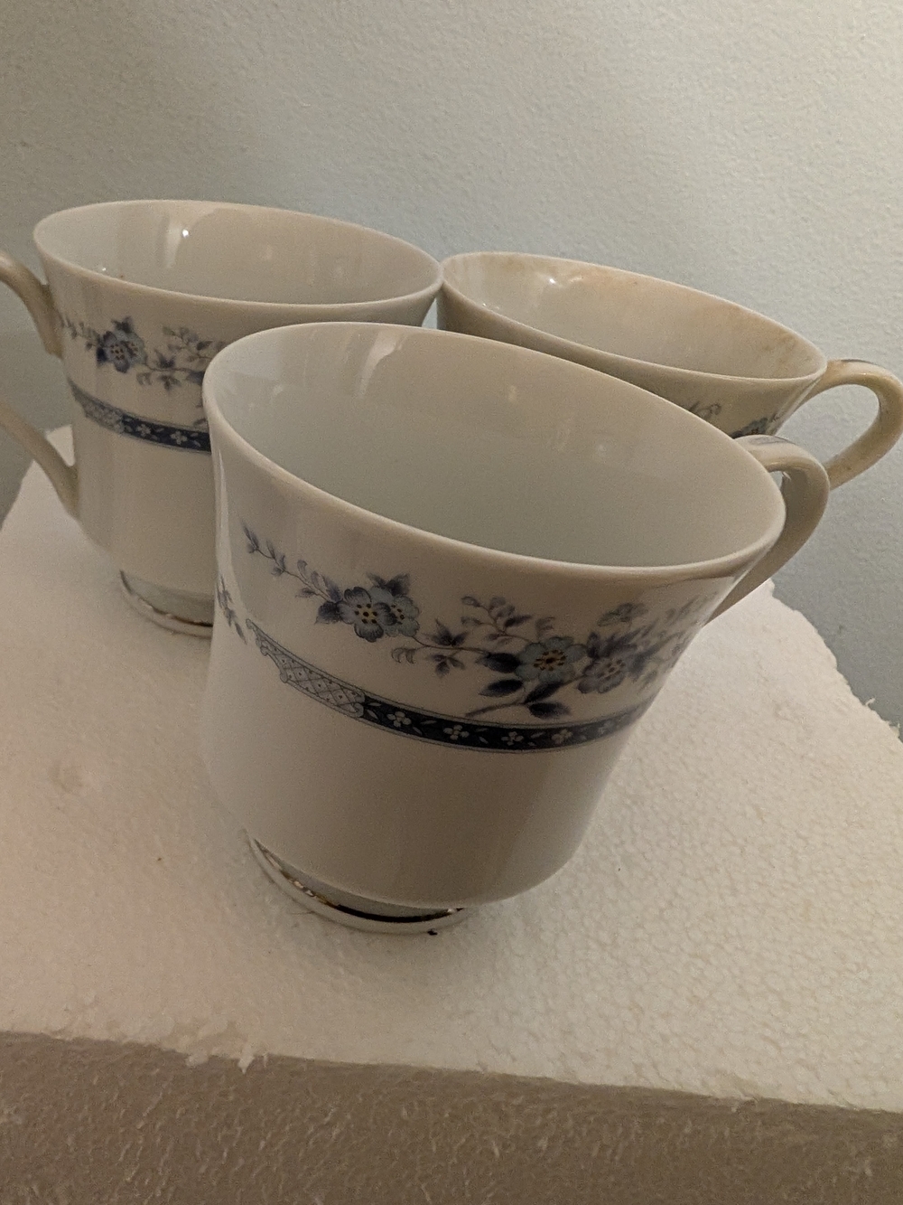 Classic White Porcelain Tea Cups w Blue Floral Band - Set of 3Pattern Name Dawn